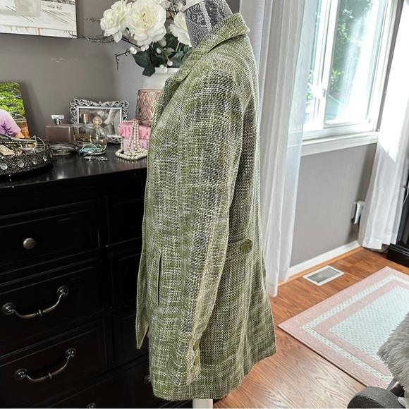 Dialogue Olive Houndstooth Tweed Trench Coat Size 10 - Picture 7 of 16